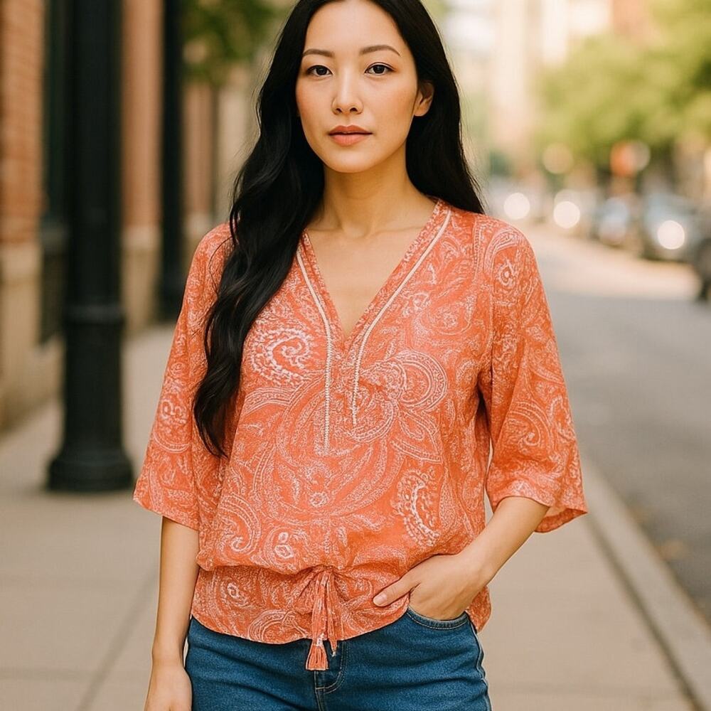 JOHNPAULRICHARD Orange Paisley Batwing Bohemian Blouse Top ~ Women's MEDIUM